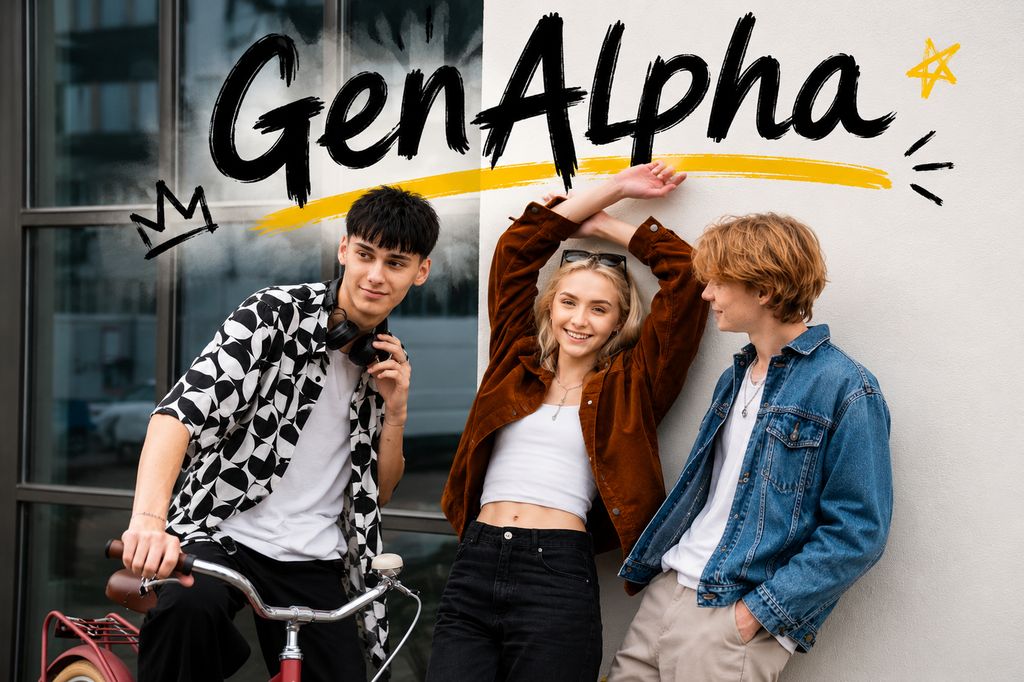 Trois jeunes de la génération Alpha dans un environnement urbain devant un bâtiment moderne, symbole de la nouvelle génération numérique.